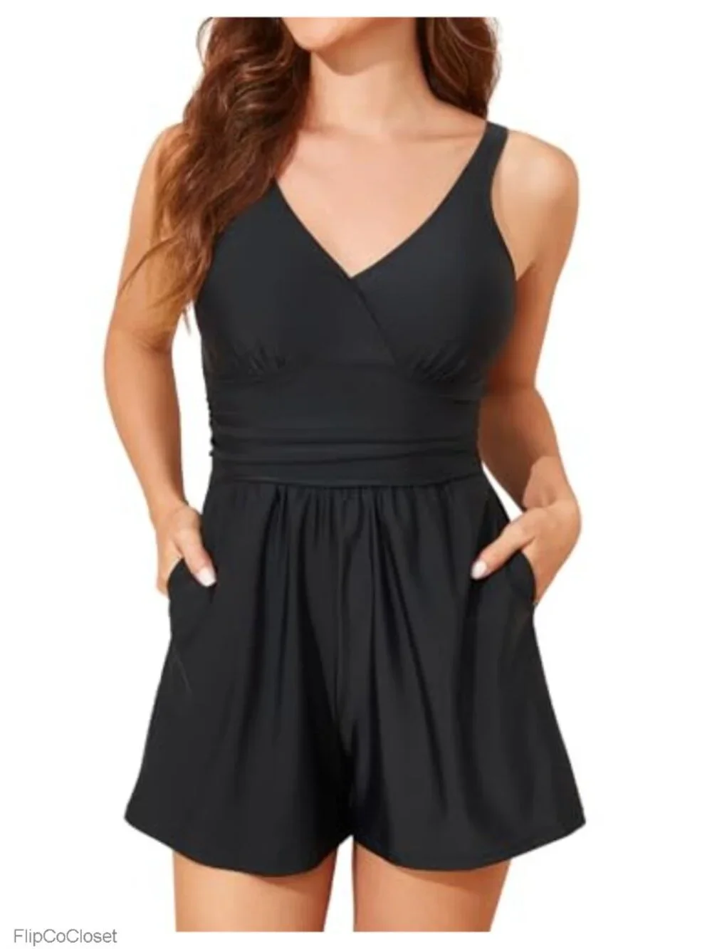 Women's Tummy Control Swim Romper One Piece V Neck Modest Bathing Suit with